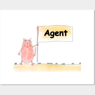 Agent. Profession, work, job. Cat shows a banner with the inscription. Watercolor illustration. A gift for a professional. Posters and Art